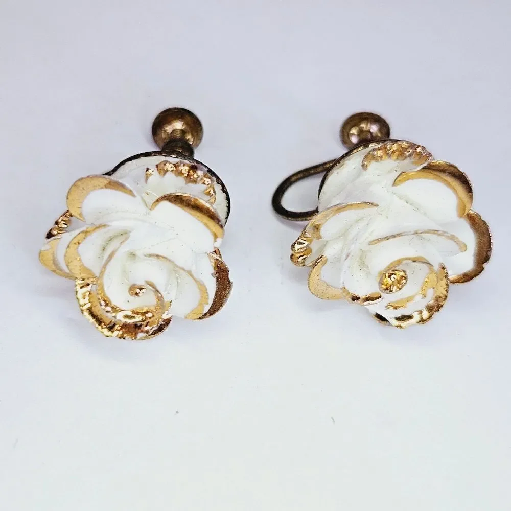 Vintage Porcelain White Rose Gold Accented Screw Back Earrings Made In England